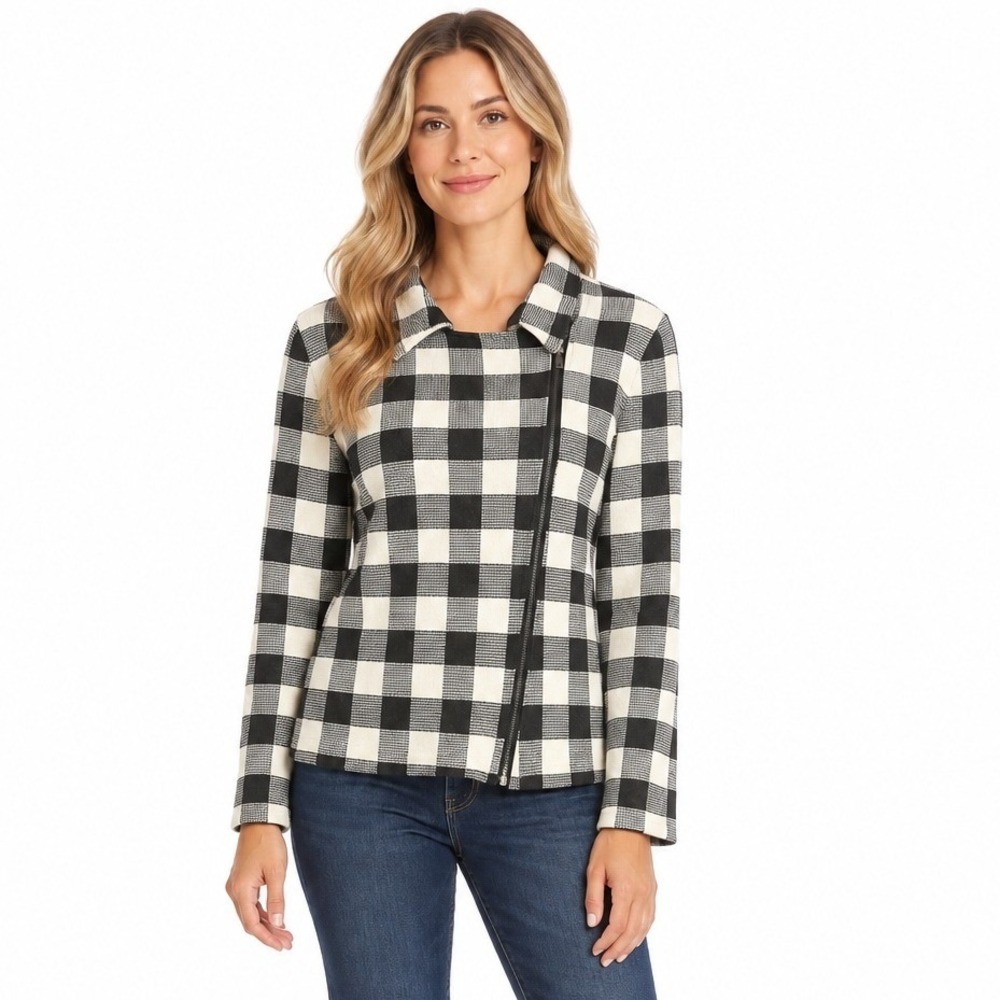 Chaps Women's Buffalo Plaid Print Asymmetrical Zip Moto Sweater Jacket Sz Large